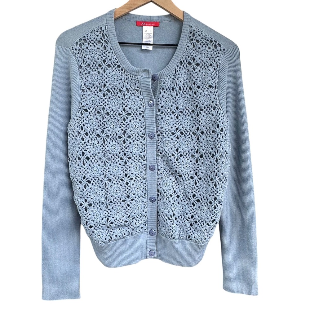 AK Anne Klein Light Blue Floral Crochet Lace Front Button Cardigan Sweater Large